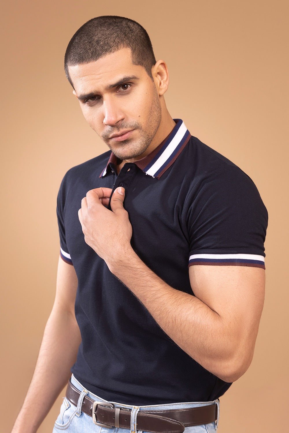 Navy Blue Contrast Striped Collar Polo Shirt - MHW Clothing