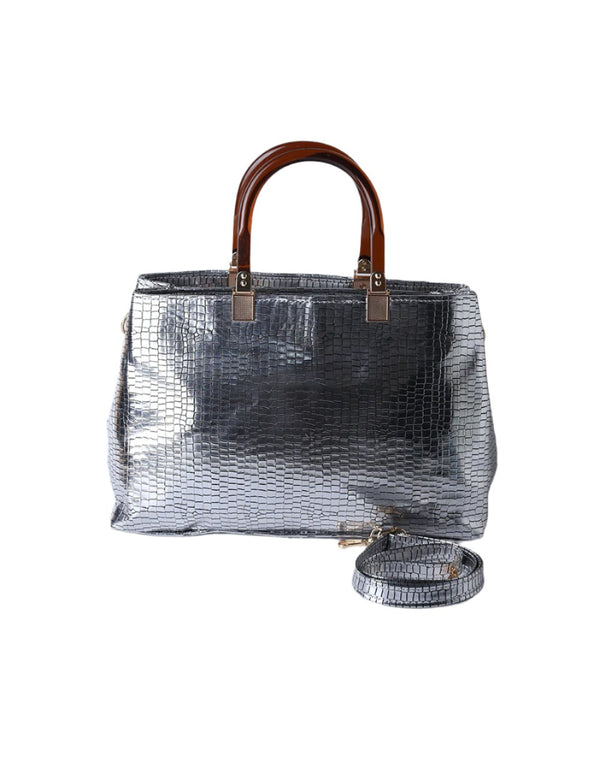 Metallic Pewter Croc Tote Bag