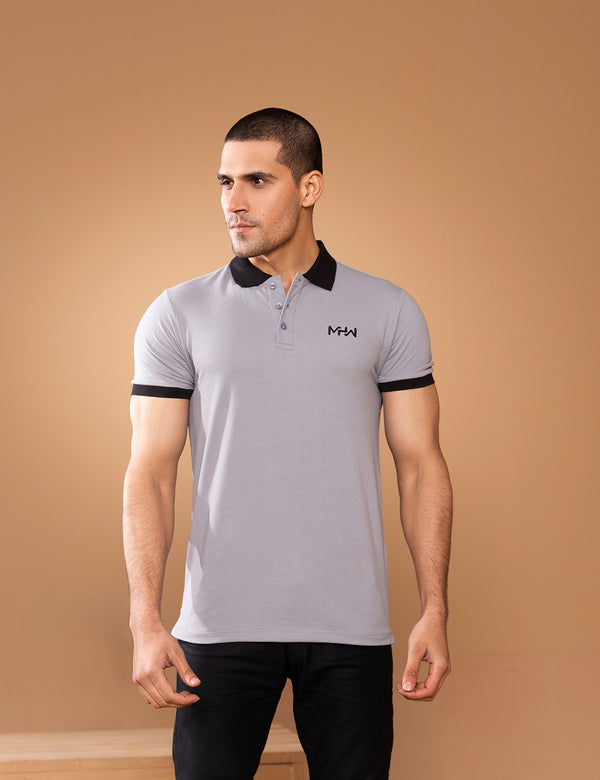 Plain Grey Polo Shirt with Black Contrast Collar