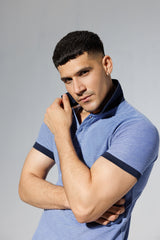 Plain Blue Polo Shirt with Navy Contrast Collar