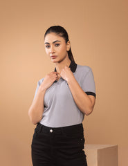 Plain Grey Women Polo Shirt with Black Contrast Collar