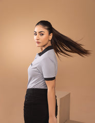 Plain Grey Women Polo Shirt with Black Contrast Collar