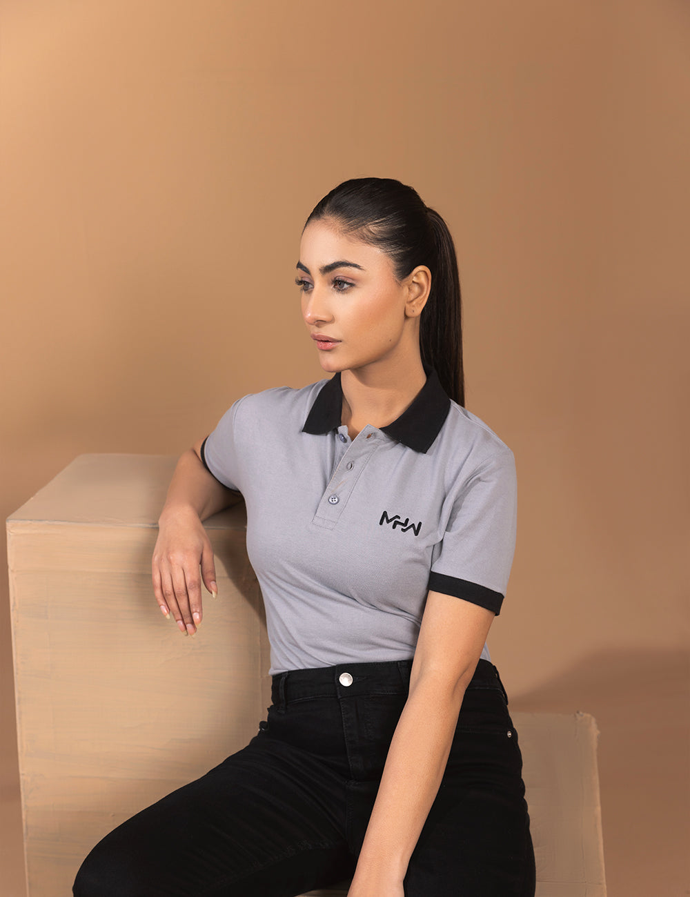 Plain Grey Women Polo Shirt with Black Contrast Collar