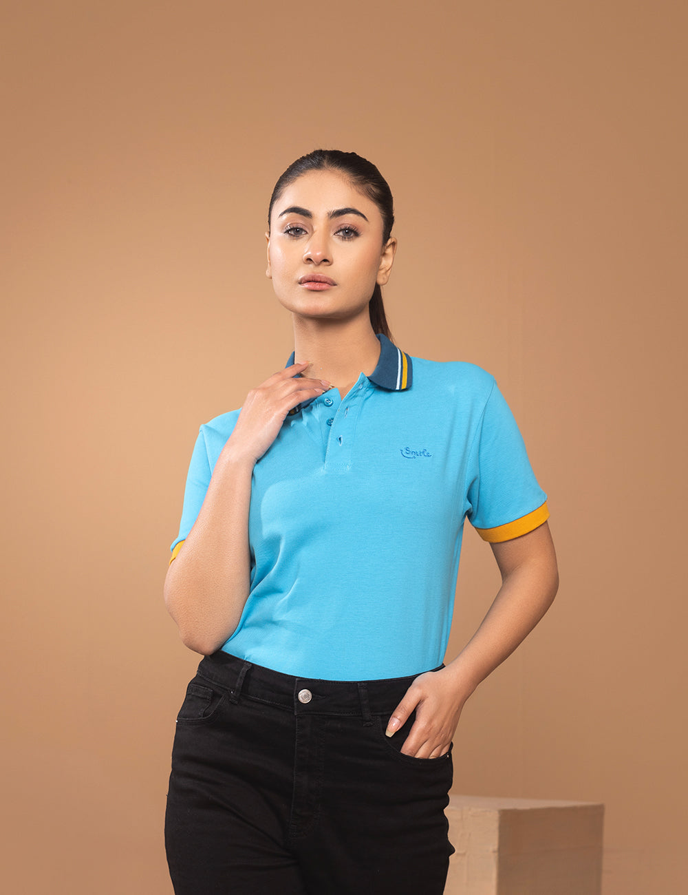 Turquoise Contrast Collar Women Polo Shirt