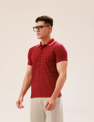 MAROON POLKA DOT POLO SHIRT WITH TIPPED COLLAR