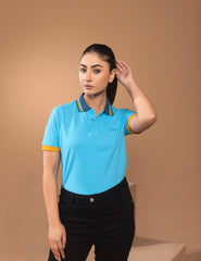 Turquoise Contrast Collar Women Polo Shirt