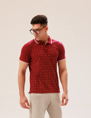 MAROON POLKA DOT POLO SHIRT WITH TIPPED COLLAR