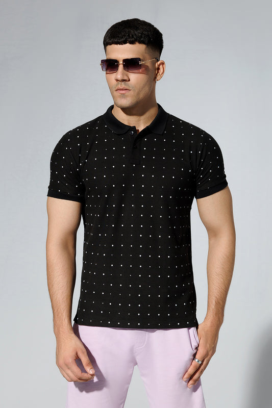 Black Polka Dot Printed Polo Shirt
