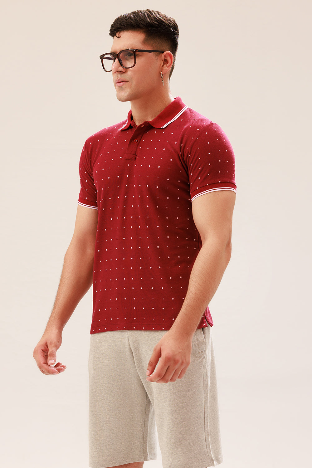 MAROON POLKA DOT POLO SHIRT WITH TIPPED COLLAR