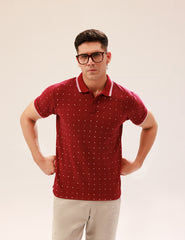 MAROON POLKA DOT POLO SHIRT WITH TIPPED COLLAR