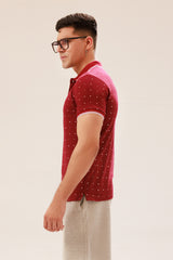 MAROON POLKA DOT POLO SHIRT WITH TIPPED COLLAR