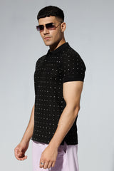 Black Polka Dot Printed Polo Shirt