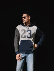 Grey & Navy Blue Color Block Hoodie