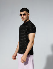 Black Polka Dot Printed Polo Shirt