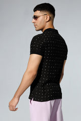 Black Polka Dot Printed Polo Shirt