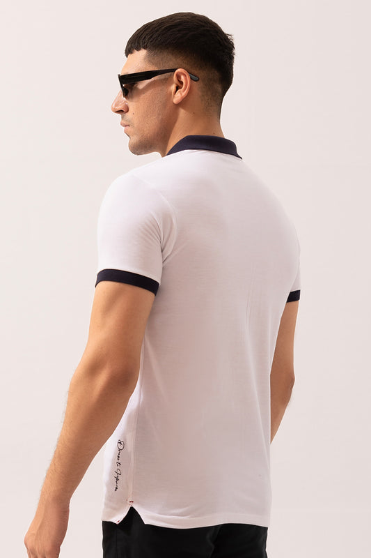 WHITE POLO SHIRT WITH NAVY BLUE CONTRAST COLLAR