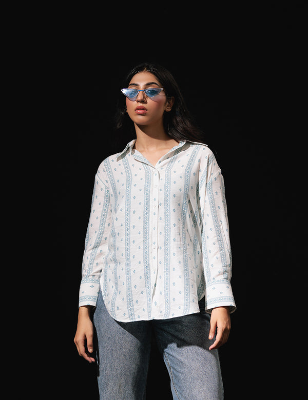 White& Blue Ethnic Printed Casual Shirt