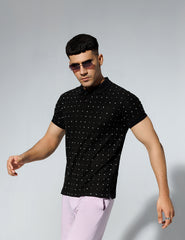 Black Polka Dot Printed Polo Shirt