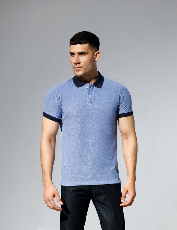 Plain Blue Polo Shirt with Navy Contrast Collar