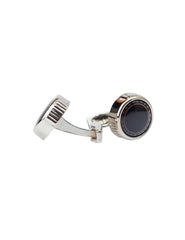 Classic Silver Cufflinks with Black Enamel and Geometric Border