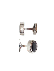 Classic Silver Cufflinks with Black Enamel and Geometric Border