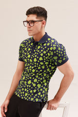 NAVY BLUE ALL-OVER PRINTED POLO SHIRT