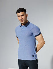 Plain Blue Polo Shirt with Navy Contrast Collar