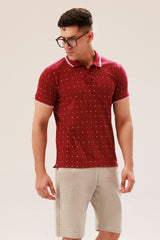 MAROON POLKA DOT POLO SHIRT WITH TIPPED COLLAR