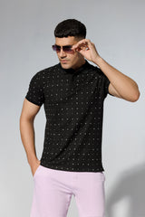 Black Polka Dot Printed Polo Shirt