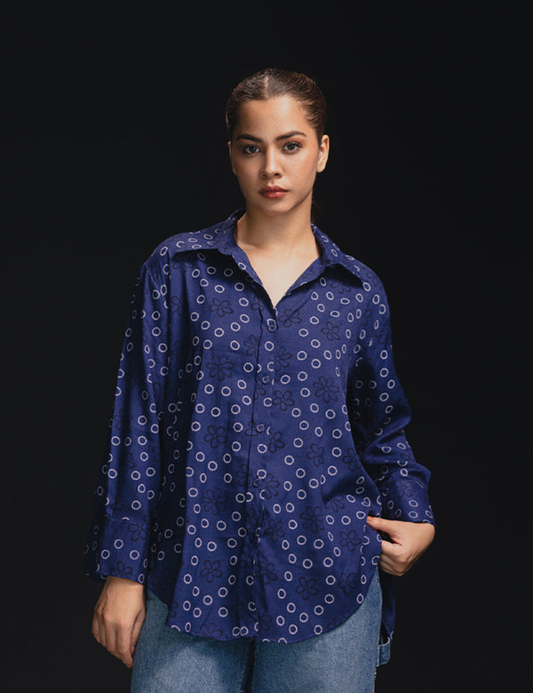 Navy Floral Print Button-Up Shirt