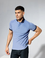 Plain Blue Polo Shirt with Navy Contrast Collar