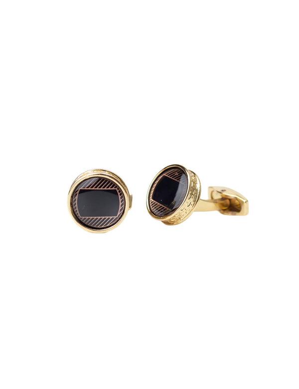 Luxurious Gold Cufflinks with Black Enamel and Diagonal Stripes