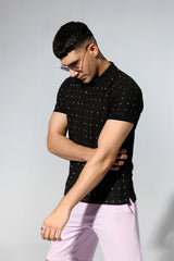 Black Polka Dot Printed Polo Shirt