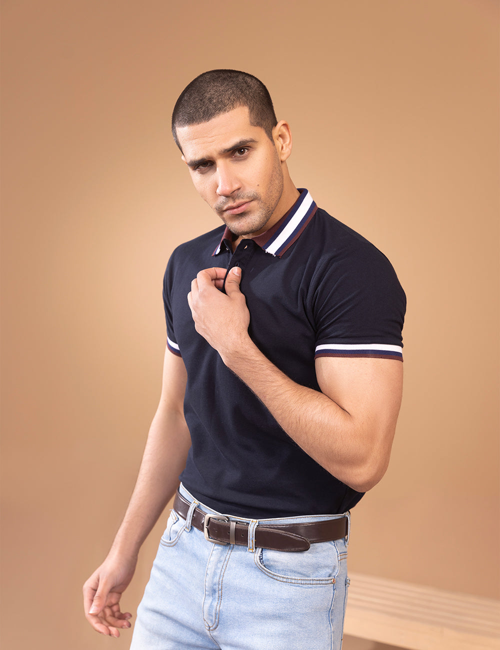 Navy Blue Contrast Striped Collar Polo Shirt