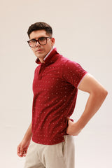 MAROON POLKA DOT POLO SHIRT WITH TIPPED COLLAR