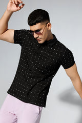 Black Polka Dot Printed Polo Shirt