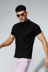 Black Polka Dot Printed Polo Shirt