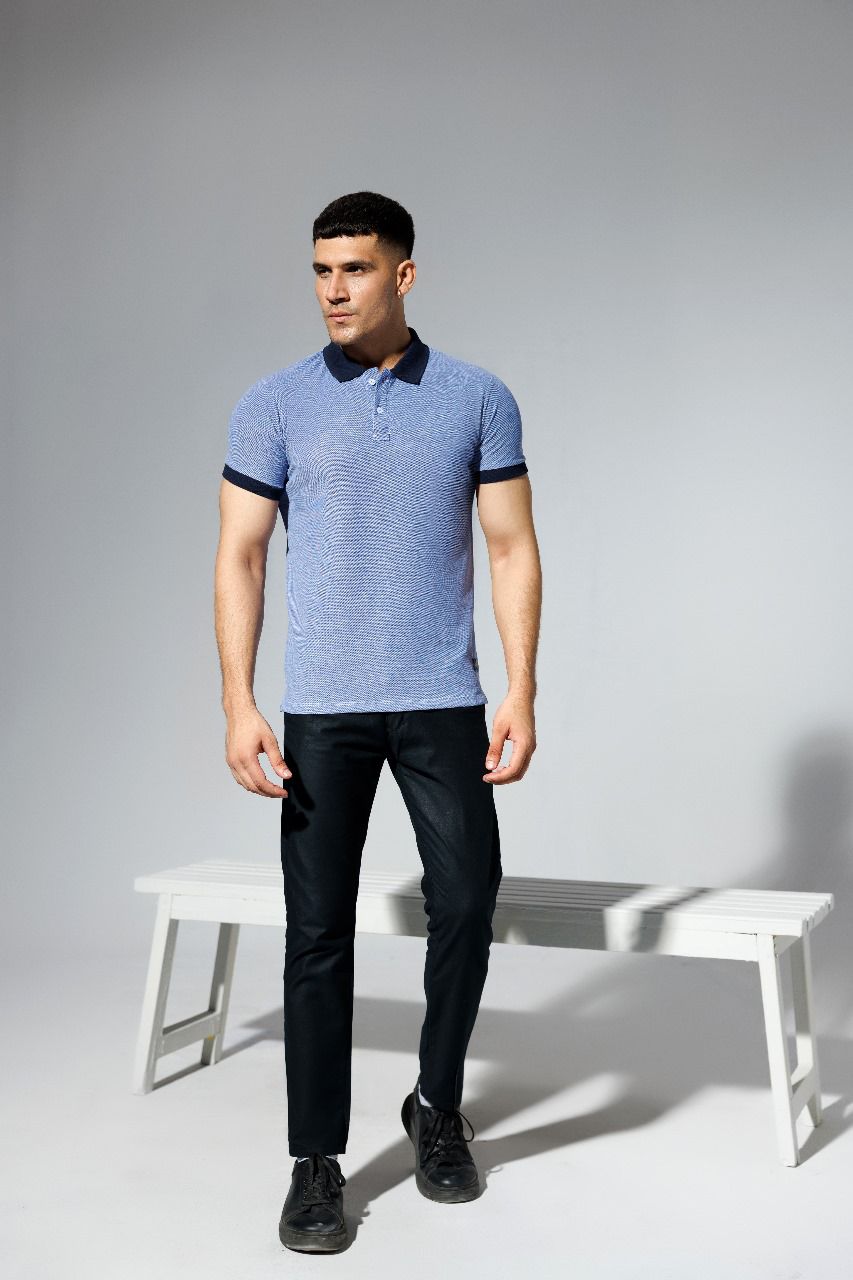 Plain Blue Polo Shirt with Navy Contrast Collar