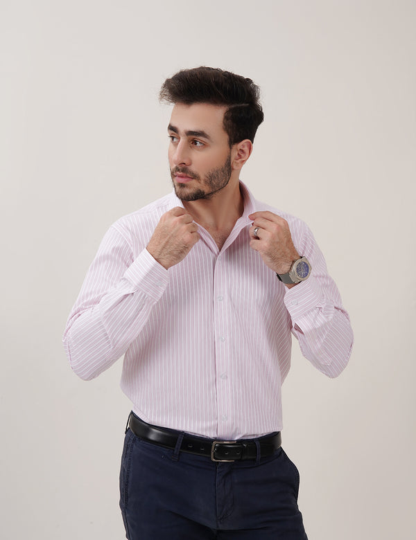 White & Pink Striped Dress Shirts with Self-Design