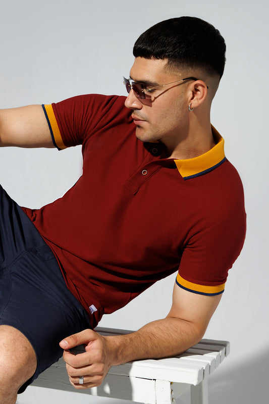 Rust Polo Shirt with Tipped Collar