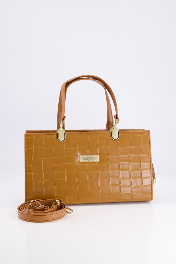 Tan Croc-Textured Handbag