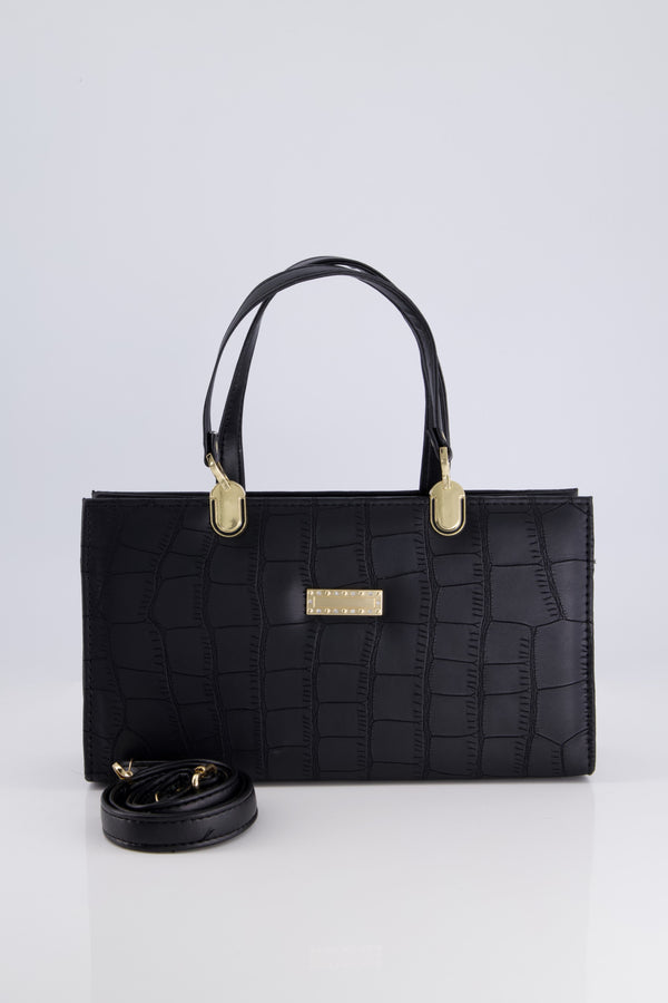 Black Croc-Textured Handbag