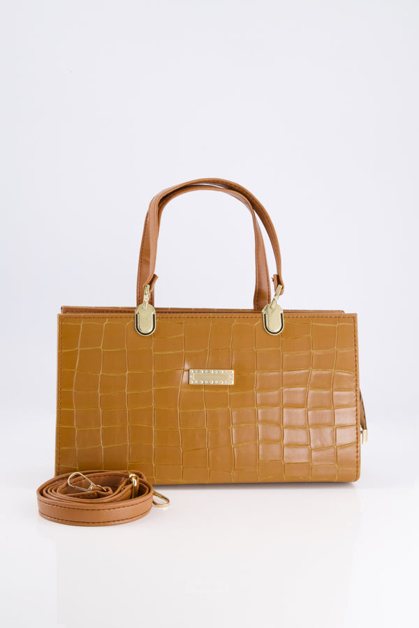 Tan Croc-Textured Handbag