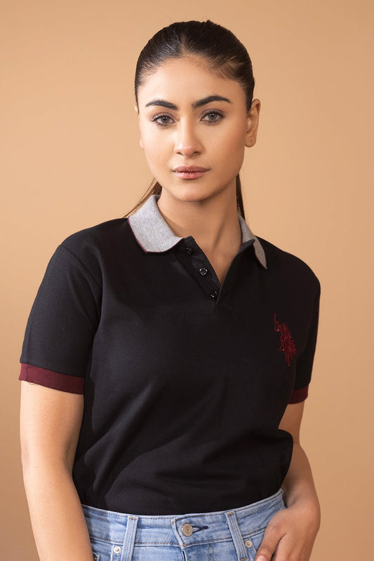 Black Contrast Collar Women Polo Shirt - MHW Clothing