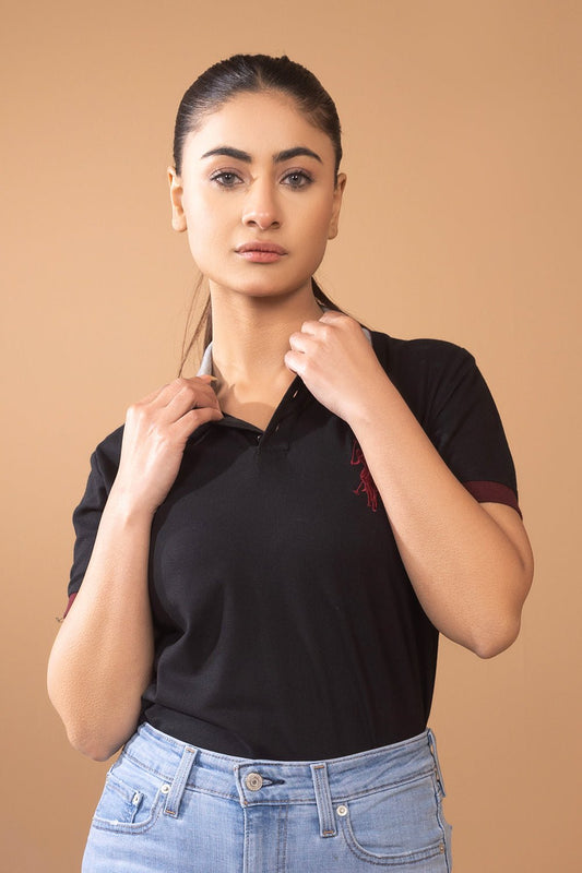 Black Contrast Collar Women Polo Shirt - MHW Clothing