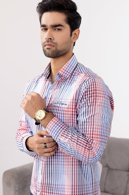 Blue & Red Striped Casual Men's Shirt - MHW Clothing