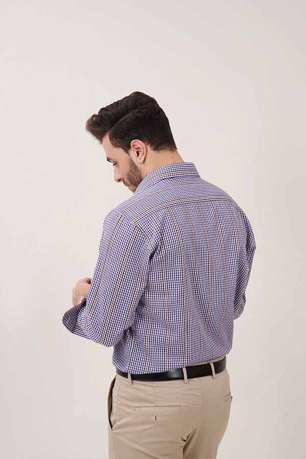 Blue & White Check Shirt with Red Stripes for Men - MHW Clothing