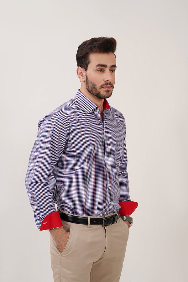 Blue & White Check Shirt with Red Stripes for Men - MHW Clothing