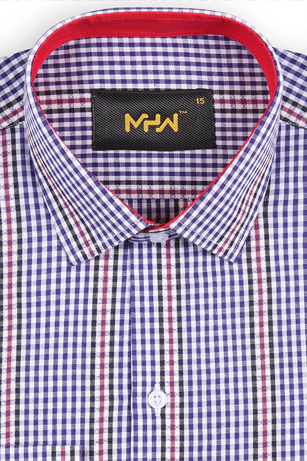 Blue & White Check Shirt with Red Stripes for Men - MHW Clothing