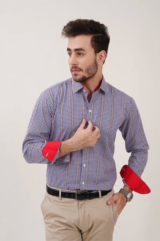 Blue & White Check Shirt with Red Stripes for Men - MHW Clothing